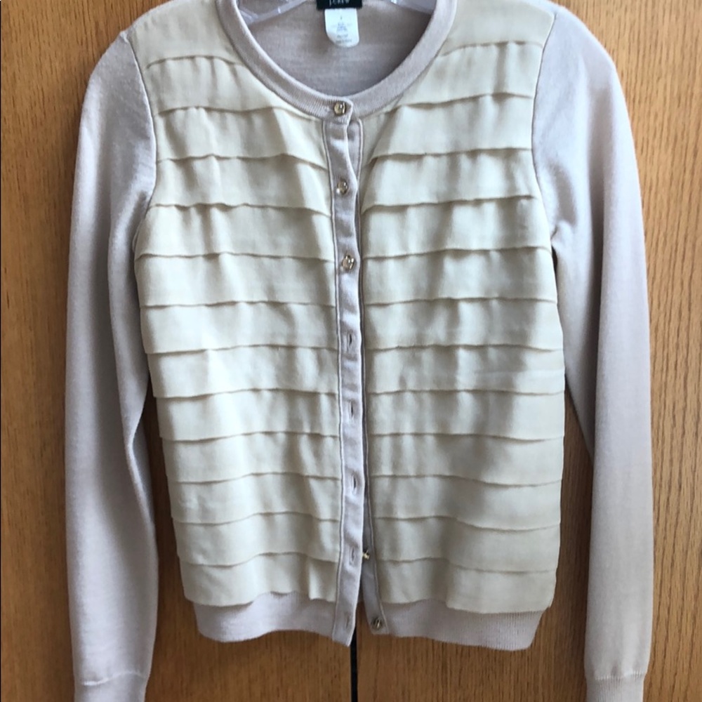 J Crew cream sweater with silk folded pleat front